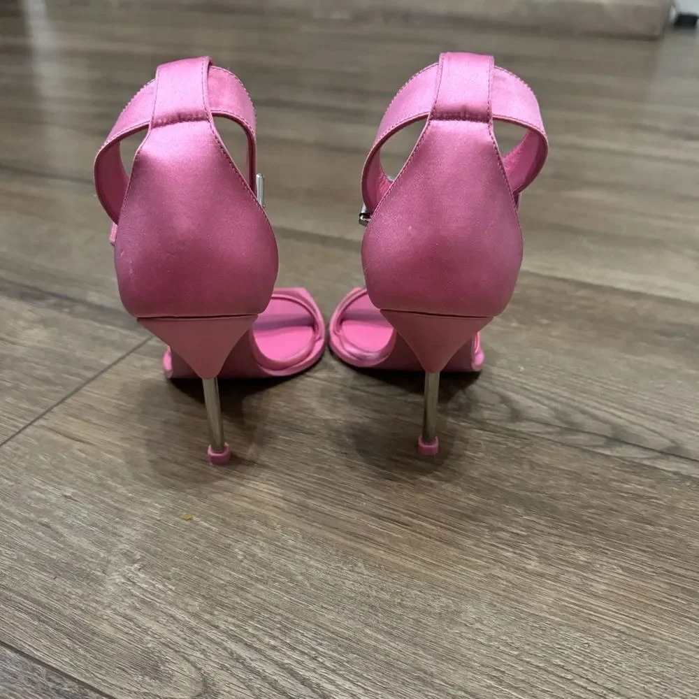 Alexander McQueen Stiletto Sandal Heels Pink Calf Leather Satin US 6.5‎ / 36.5